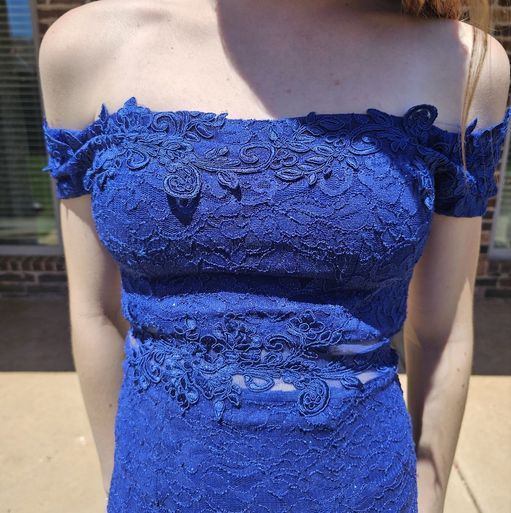 Sequin Hearts Blue Off-Shoulder Flutter Sleeve Gown - Picture 3 of 10